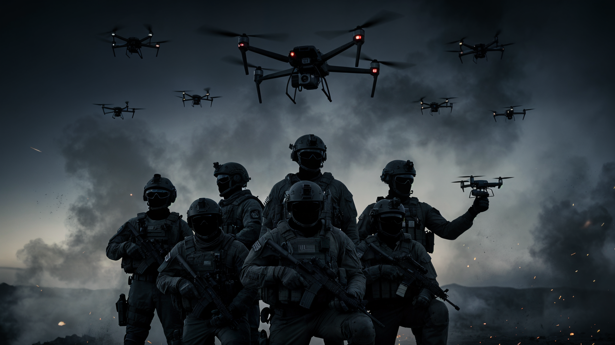 Eenheidsbeeld met operators en drones